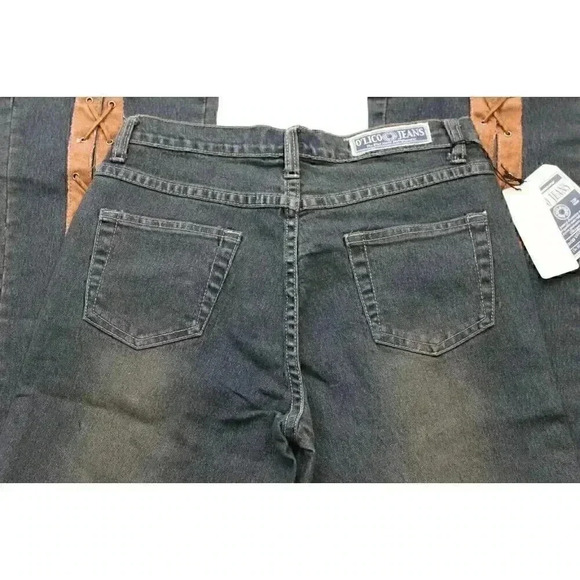 NWT Waist Size 29 Y2K Dark Wash Lace Up Flower Denim Flared Jeans Festival Boho - Picture 7 of 9